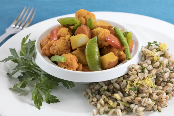 Vegetable curry with lemon herb farro